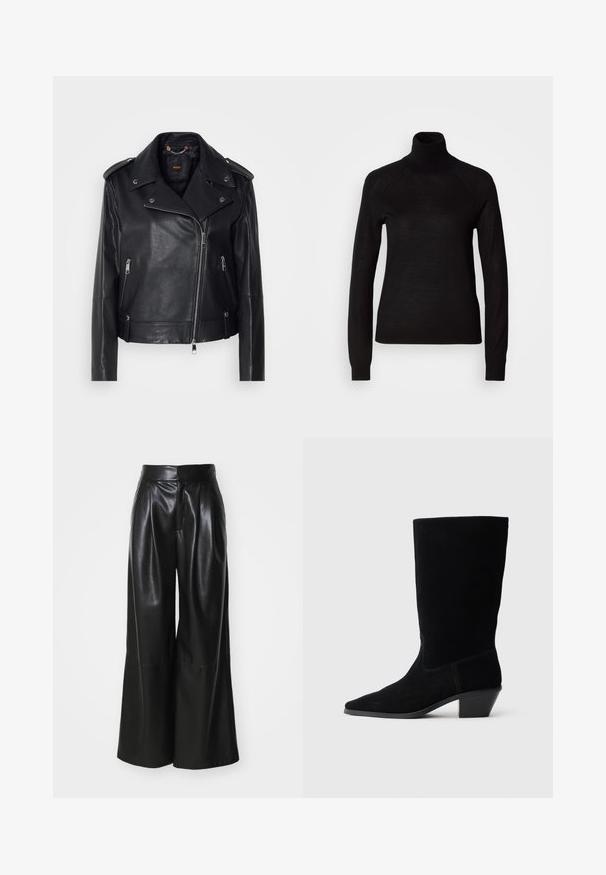 Chaqueta de cuero negra de moto con un acabado texturizado, cremallera asimétrica, cuello con solapa y detalles en metal plateado. Presenta dos bolsillos laterales.; Suéter negro de cuello alto hecho de un tejido de punto ligero. Presenta mangas largas y una silueta ajustada con costuras raglán.; Pantalones de cuero sintético negros de pierna ancha con una cintura alta, frente plisado y textura suave. Presenta un diseño limpio y minimalista.; Botín de ante negro hasta el tobillo con punta afilada, caña de altura media y tacón grueso. Presenta costuras mínimas y una textura suave.