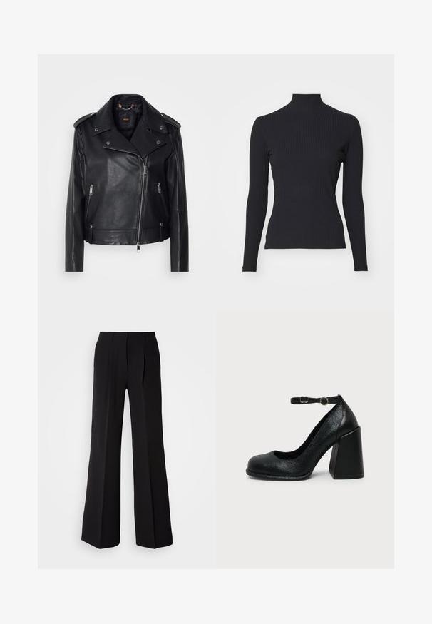Chaqueta de cuero negra de moto con un acabado texturizado, cremallera asimétrica, cuello con solapa y detalles en metal plateado. Presenta dos bolsillos laterales.; Top negro de cuello alto con costillas y mangas largas. Fabricado con una tela elástica con forma ajustada y cuello alto. Diseño simple sin adornos.; Pantalones negros de tejido suave, con cintura alta, silueta de pierna ancha y dos pliegues frontales para añadir detalle de diseño.; Zapato negro de cuero con tacón alto, punta redondeada y correa ajustable en el tobillo con hebilla dorada sobre fondo liso claro.