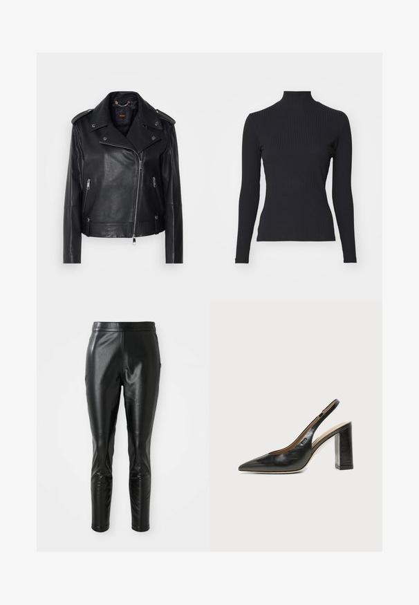 Chaqueta de cuero negra de moto con un acabado texturizado, cremallera asimétrica, cuello con solapa y detalles en metal plateado. Presenta dos bolsillos laterales.; Top negro de cuello alto con costillas y mangas largas. Fabricado con una tela elástica con forma ajustada y cuello alto. Diseño simple sin adornos.; Pantalones de cuero negro con un ajuste slim, con una textura suave y una cintura alta. Los detalles incluyen acentos en las rodillas para un diseño añadido.; Zapato slingback de piel negra con puntera puntiaguda, tacón alto y ancho, y forro interior beige sobre un fondo claro y liso.