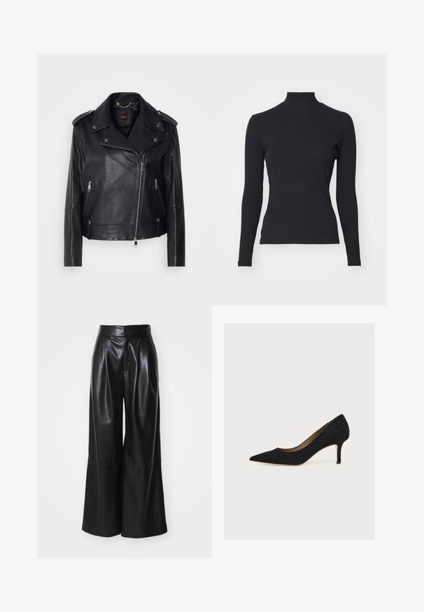 Chaqueta de cuero negra de moto con un acabado texturizado, cremallera asimétrica, cuello con solapa y detalles en metal plateado. Presenta dos bolsillos laterales.; Top negro de cuello alto con costillas y mangas largas. Fabricado con una tela elástica con forma ajustada y cuello alto. Diseño simple sin adornos.; Pantalones de cuero sintético negros de pierna ancha con una cintura alta, frente plisado y textura suave. Presenta un diseño limpio y minimalista.; Zapato de salón negro de ante con punta afilada, tacón stiletto de altura media y suela interior color cuero claro sobre un fondo claro.