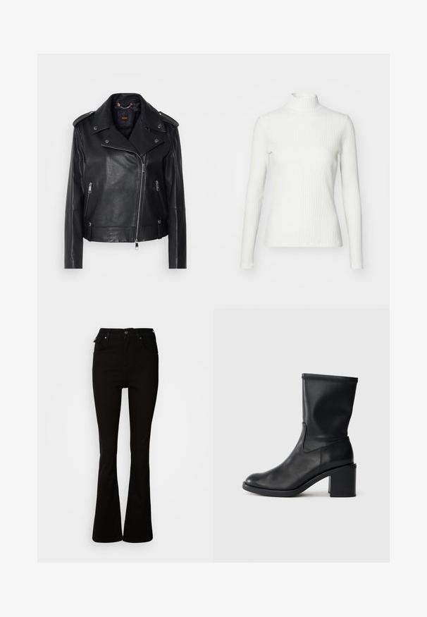 Chaqueta de cuero negra de moto con un acabado texturizado, cremallera asimétrica, cuello con solapa y detalles en metal plateado. Presenta dos bolsillos laterales.; Top de cuello alto blanco con canalé y mangas largas, fabricado en una tela elástica. Presenta un diseño ajustado y un escote alto para mayor cobertura.; Jeans acampanados negros de denim, con una cintura alta, bolsillos frontales y un diseño clásico de cinco bolsillos con acentos de metal.; Botín negro de cuero hasta el tobillo con punta redonda, textura suave y tacón grueso, que presenta un eje ajustado y un sutil detalle de costura.