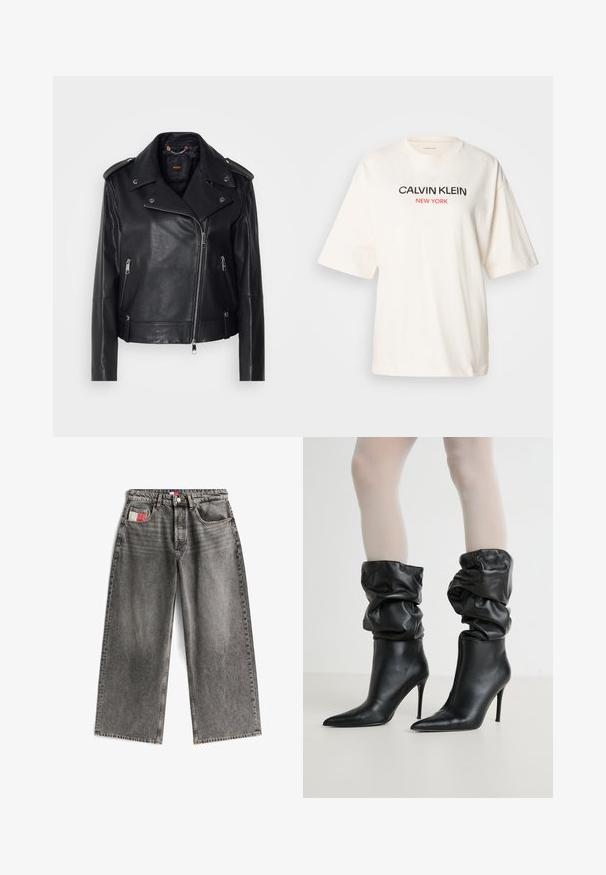 Chaqueta de cuero negra de moto con un acabado texturizado, cremallera asimétrica, cuello con solapa y detalles en metal plateado. Presenta dos bolsillos laterales.; Camiseta de algodón blanca con un corte holgado, mangas cortas, y texto impreso en rojo y negro: "CALVIN KLEIN NEW YORK" en el frente.; Jeans de pierna ancha en denim negro desgastado con un cierre de botón al frente, cinco bolsillos y una pequeña etiqueta roja y blanca en el bolsillo trasero.; Botas de piel negra hasta el tobillo con un diseño holgado, puntera afilada y alto tacón de aguja, que cuentan con un acabado suave y texturizado alrededor del puño.