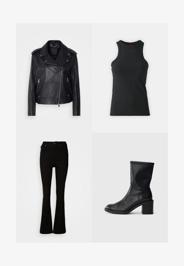 Chaqueta de cuero negra de moto con un acabado texturizado, cremallera asimétrica, cuello con solapa y detalles en metal plateado. Presenta dos bolsillos laterales.; Camiseta sin mangas negra hecha de una tela elástica. Presenta un cuello redondo y una silueta ajustada con detalles de costura mínimos.; Jeans acampanados negros de denim, con una cintura alta, bolsillos frontales y un diseño clásico de cinco bolsillos con acentos de metal.; Botín negro de cuero hasta el tobillo con punta redonda, textura suave y tacón grueso, que presenta un eje ajustado y un sutil detalle de costura.