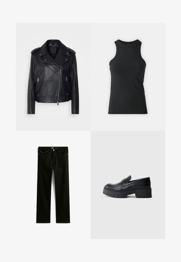 Chaqueta de cuero negra de moto con un acabado texturizado, cremallera asimétrica, cuello con solapa y detalles en metal plateado. Presenta dos bolsillos laterales.; Camiseta sin mangas negra hecha de una tela elástica. Presenta un cuello redondo y una silueta ajustada con detalles de costura mínimos.; Vaqueros negros de pierna recta con cinco bolsillos, cierre de botón y cremallera, y pequeño logo de la marca en el bolsillo para la moneda.; Mocasín negro con plataforma gruesa, parte superior de cuero suave, tira decorativa y suela gruesa texturizada sobre fondo blanco.