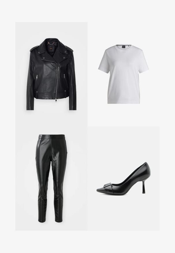 Chaqueta de cuero negra de moto con un acabado texturizado, cremallera asimétrica, cuello con solapa y detalles en metal plateado. Presenta dos bolsillos laterales.; Camiseta de algodón blanca con cuello redondo, mangas cortas y un corte relajado. Presenta una pequeña etiqueta de la marca cerca del cuello.; Pantalones de cuero negro con un ajuste slim, con una textura suave y una cintura alta. Los detalles incluyen acentos en las rodillas para un diseño añadido.; Zapato de tacón alto de cuero negro con punta afilada y hebilla decorativa en la parte delantera, mostrado de lado sobre un fondo blanco.