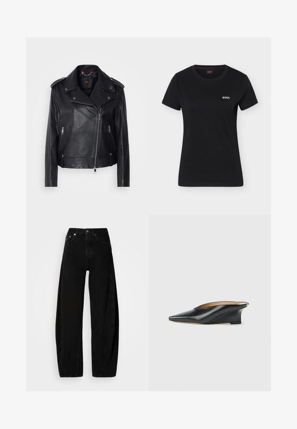 Chaqueta de cuero negra de moto con un acabado texturizado, cremallera asimétrica, cuello con solapa y detalles en metal plateado. Presenta dos bolsillos laterales.; Camiseta negra de mujer de manga corta con cuello redondo y pequeño logo blanco "BOSS" en el lado izquierdo del pecho.; Pantalones de mezclilla anchos negros con cintura alta, que cuentan con una bragueta de botones, cinco bolsillos y mínimos detalles de costura.; Zapato cuña de charol negro con punta puntiaguda y talón descubierto, con un diseño elegante y curvado de estilo minimalista.