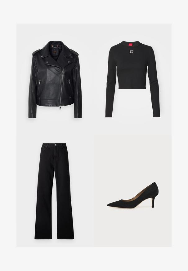 Zwarte leren bikerjack met een gestructureerde afwerking, asymmetrische rits, reverskraag en zilverachtige hardware accenten. Heeft twee zijzakken.; Zwart langemouwen cropped top van gladde stof, met een ronde hals en het witte "HUGO" logo op de borst.; Zwarte wide-leg jeans van denim met een vijf-pockets ontwerp, voorste knoopsluiting en subtiele stikdetails.; Zwarte suède pumps met spitse neus, een slanke middenhoge naaldhak en een laag uitgesneden ontwerp op een effen achtergrond.