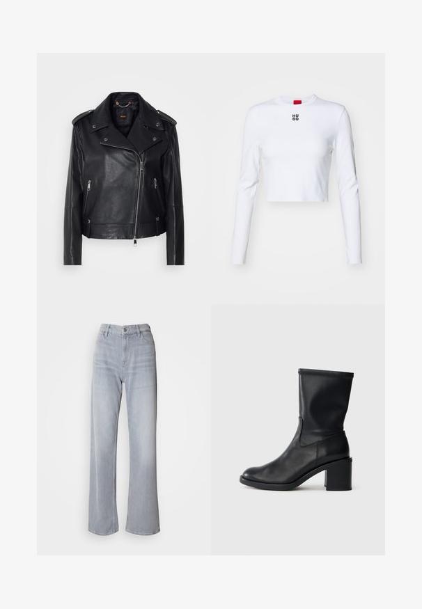 Sort læder bikerjakke med tekstureret finish, asymmetrisk lynlås, klapkrave og sølv hardware-detaljer. Har to sidelommer.; Hvid langærmet crop top lavet af bomuld, med rund hals og et lille sort "HUGO"-logo på brystet. Glat tekstur med tætsiddende design.; Lys grå vidde jeans med høj talje, lavet af denim. Har forlommer, lynlås og subtil falmen over det hele.; Sort læder ankelstøvle med rund tå, glat tekstur og en grov hæl, der har et tætsiddende skaft og subtil syning.