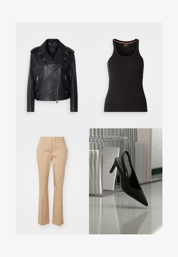 Veste de biker en cuir noir au fini texturé, zip asymétrique, col à revers et garnitures en métal argenté. Dispose de deux poches latérales.; Débardeur noir côtelé avec un col rond. Présente une coupe ajustée et un accent orange au niveau du col. Logo de la marque discrètement brodé à l'avant.; Pantalons beiges ajustés avec une coupe droite, fabriqués en tissu lisse, présentant un devant plat et sans poches visibles.; Chaussure à talon haut à bout pointu et bride arrière suspendue en l'air au-dessus d'un sol brillant avec des classeurs empilés en arrière-plan.