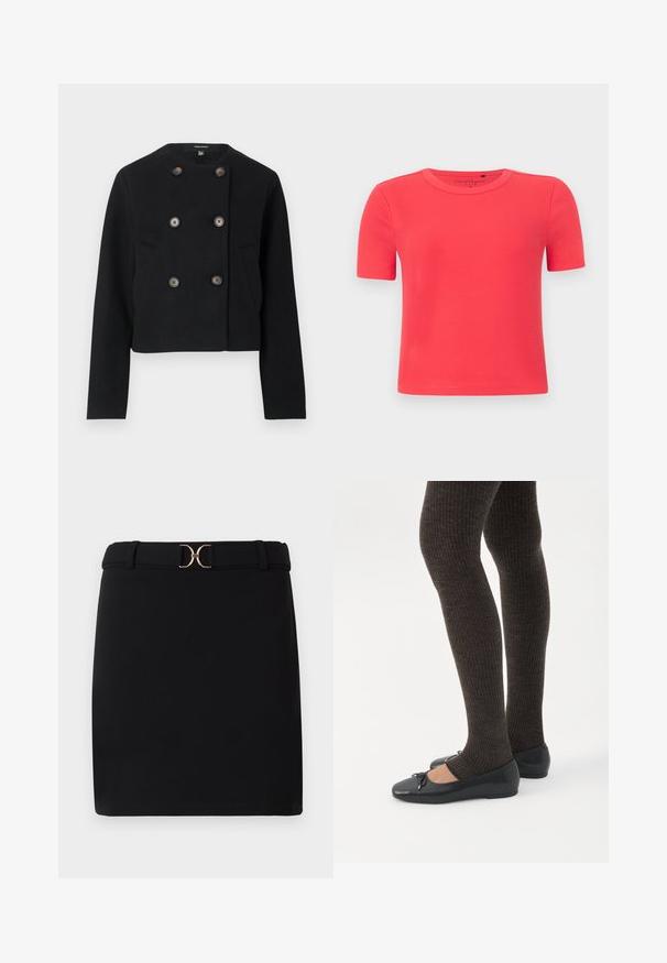 Veste noire raccourcie à double boutonnage avec six boutons et deux poches avant, dotée d'un col rond et de manches longues.; T-shirt à manches courtes en tissu côtelé doux de couleur corail vif. Doté d'un col rond et d'une silhouette ajustée.; Jupe mini noire en tissu lisse, avec une taille structurée et une boucle de ceinture décorative en ton doré. Design simple et silhouette classique.; Jambes portant des leggings côtelés foncés associés à des ballerines noires avec de petits détails en nœud sur fond blanc.