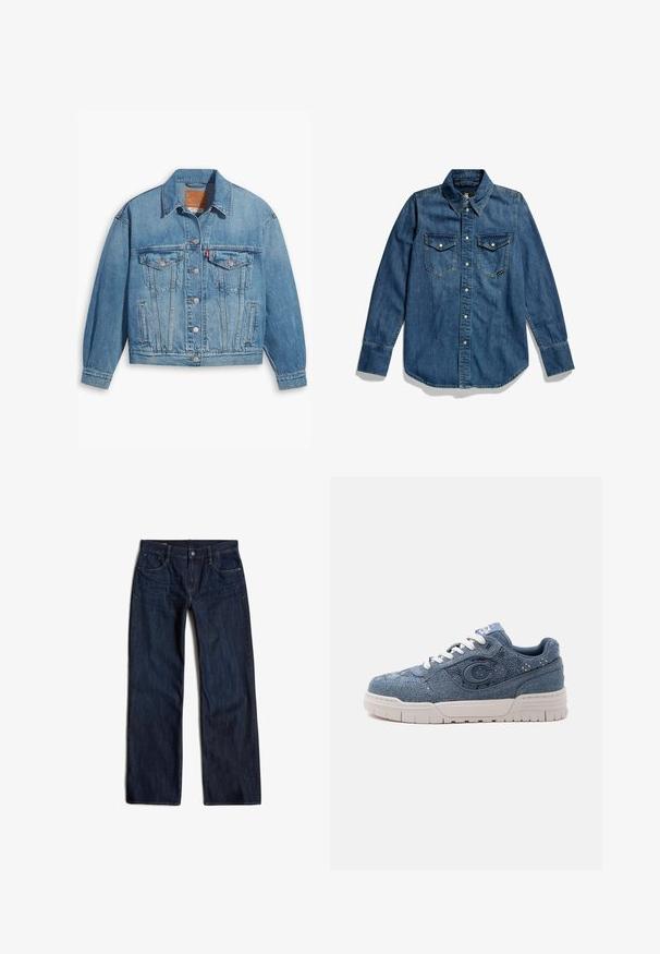 Veste en denim bleu clair au design classique, fermeture à boutons à l'avant et deux poches poitrine. Dotée d'un col pointu et de manches légèrement oversize.; Chemise en denim de couleur bleu profond, à boutons sur le devant, avec deux poches poitrine et un col pointu. Elle possède des manches longues et un ourlet arrondi.; G-STAR JUDEE - Jean large - dark blue; Baskets en denim bleu avec semelle blanche et lacets, avec un grand emblème "C" sur le côté et un design en tissu texturé.