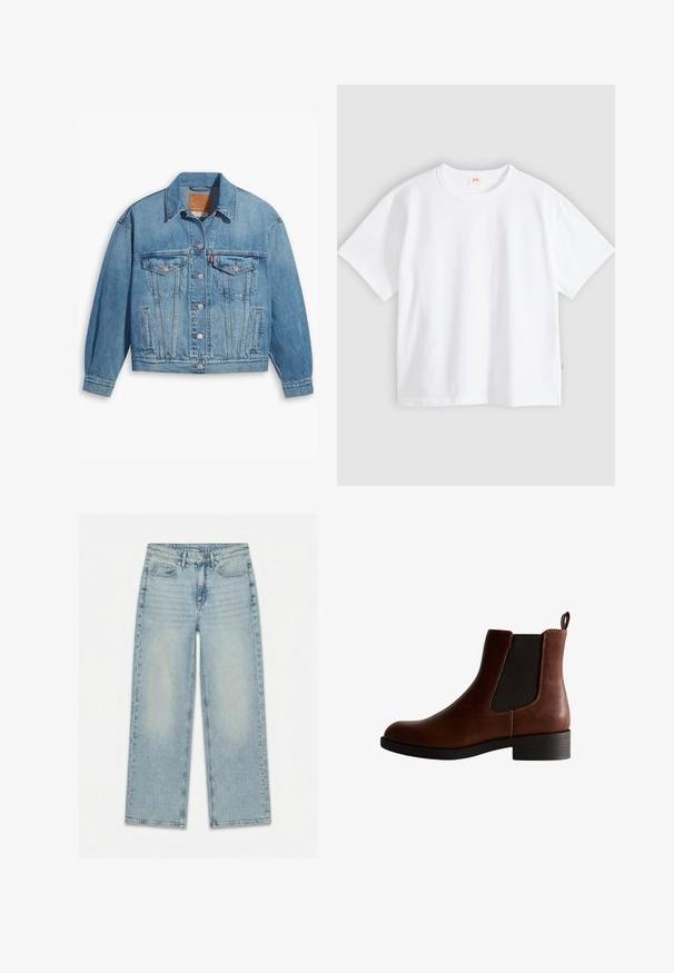 Lys blå denimjakke med klassisk design, knapfront og to brystlommer. Har spidse kraver og let overdimensionerede ærmer.; Hvid bomuld t-shirt med korte ærmer, rund hals, afslappet pasform, glat tekstur og en lille logolabel på venstre sidesøm.; Lyseblå jeans med lige ben, forreste knap, lynlås, bæltestropper og design med fem lommer lagt fladt på en hvid baggrund.; Brun læder ankelstøvle med elastiske sidepaneler, rund tå og en lav blockhæl. Har kontrastsyngninger og en pull-tab.