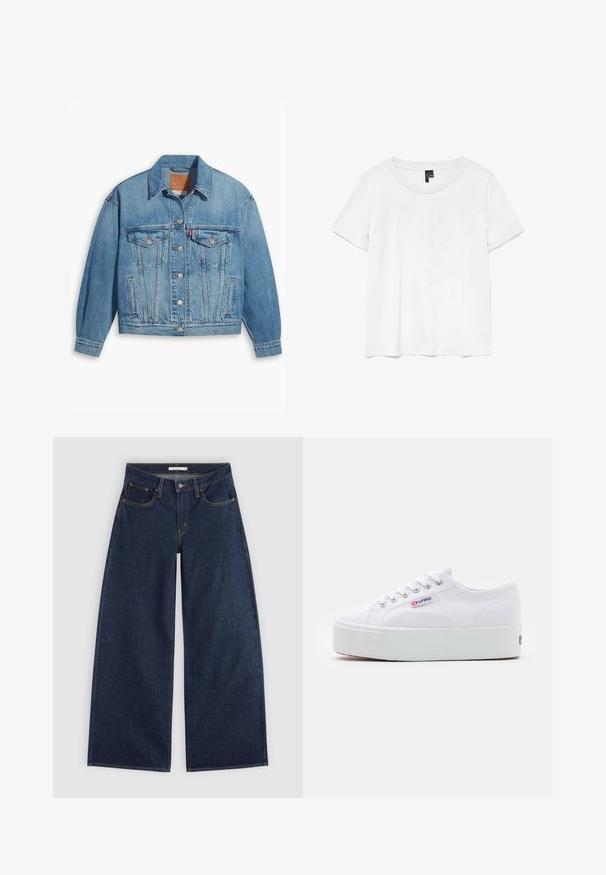 Veste en denim bleu clair au design classique, fermeture à boutons à l'avant et deux poches poitrine. Dotée d'un col pointu et de manches légèrement oversize.; T-shirt blanc à manches courtes avec un col rond, fabriqué en tissu léger. Design simple, texture lisse et ourlet droit.; Jean denim bleu foncé à jambes larges, avec poches avant, passants de ceinture et fermeture par bouton, présenté à plat sur un fond clair.; Baskets en toile blanches avec une épaisse semelle plateforme blanche, bout rond et œillets en métal pour les lacets. Logo de la marque affiché sur le côté.