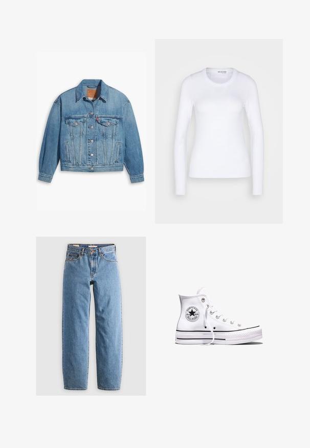 Lys blå denimjakke med klassisk design, knapfront og to brystlommer. Har spidse kraver og let overdimensionerede ærmer.; Selected SLFDIANNA O NECK - Langærmet T-shirt - bright white; Lysblå denim jeans med lige ben-design, fem lommer, lynlås og en subtil falmet tekstur. Klassisk stil med minimal hardware.; Hvid Converse Chuck Taylor All Star højt snøresko med sorte striber og logoemblem på siden, vist mod en ensfarvet hvid baggrund.