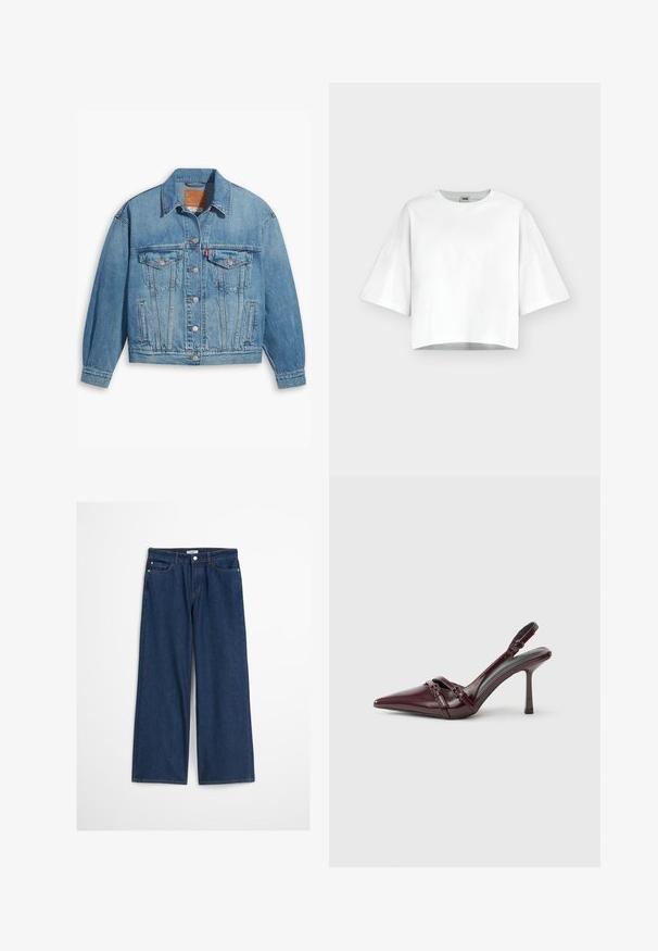 Lys blå denimjakke med klassisk design, knapfront og to brystlommer. Har spidse kraver og let overdimensionerede ærmer.; Hvid kortærmet oversized cropped top med rund halsudskæring, lavet af glat stof, vist på en ensfarvet lys baggrund.; Mørkeblå lige ben-jeans med høj talje, lavet af denim. Har forlommer, bæltestropper og knaplukning. Klassisk design.; Bourgogne laklæder slingback-hæl med spids tå, tynd ankelrem og lille dekorativ spænde. Glat tekstur og høj hæl.