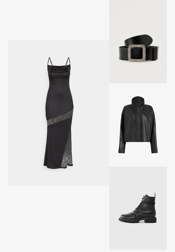 Schwarze Leder-Cropped-Jacke mit hohem Kragen und geraden Ärmeln. Sanfte Textur, verdeckter Frontreißverschluss und minimale Nähdetails.; Schwarzes Satin-Kleid mit Spaghetti-Trägern, das eine Spitzenakzent entlang einer diagonalen Naht und einen seitlichen Schlitz für zusätzlichen Detail bietet.; Schwarze Leder-Ankle-Boots mit runder Zehenpartie, Schnürung, Schnallenakzenten und dickem, robustem Sohlen. Mit silberfarbenen Hardware-Elementen.; Schwarzer Ledergürtel mit einer quadratischen silbernen Schnalle, verziert mit funkelnden runden Kristallen. Glatte Textur mit minimalistischem Design.