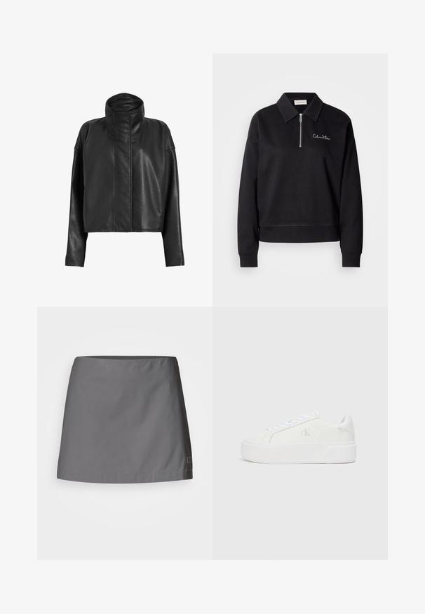 Zwarte leren cropped jas met een hoge kraag en rechte mouwen. Glad textuur, verborgen ritssluiting aan de voorkant en minimale stikseldetails.; Zwarte pullover met een rits aan de voorkant, kraag en lange mouwen. Heeft de geborduurde merknaam in het wit op de borst. Zachte stoftextuur.; Grijze rok gemaakt van lichtgewicht, gladde stof; heeft een recht gesneden model met een schone zoom en een subtiel merklabel aan de zijkant.; Witte platform sneakers met een gladleren bovenkant, ronde neus, witte veters en subtiele logodetail aan de zijkant. Platte rubberen zool.