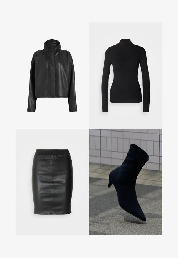 Sorte læder cropped jakke med høj krave og lige ærmer. Glat tekstur, skjult frontlynlås og minimale syninger.; Sort turtleneck sweater lavet af let strikket stof. Har lange ærmer, et tætsiddende design og en blød ribbet tekstur.; Sort pencilsyning lavet af glat læder, med en elastisk talje for en tætsiddende silhuet og minimalistisk design.; Sort ankelstøvle med spids tå, elegant design, blødt materiale og en diskret hæl. Har lynlås bagpå.
