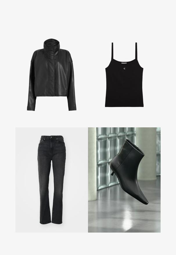 Chaqueta de cuero negro corta con un cuello alto y mangas rectas. Textura suave, cremallera fronta oculta y detalles de costura mínimos.; Top corto negro con tirantes finos y un pequeño logo plateado de CK centrado debajo del escote.; Jeans de mezclilla negros de tiro alto con piernas rectas, diseño de cinco bolsillos, cierre frontal con botón y detalles de costura mínimos.; Botín negro de cuero con punta puntiaguda y tacón bajo estilo kitten, mostrado en ángulo sobre un suelo pulido y con una pared de bloques de vidrio de fondo.