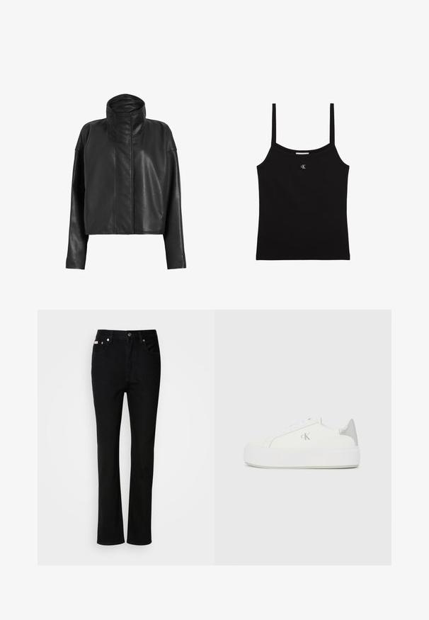 Sorte læder cropped jakke med høj krave og lige ærmer. Glat tekstur, skjult frontlynlås og minimale syninger.; Sort cropped tanktop med tynde skulderstropper og lille sølv CK-logo centreret under udskæringen.; Sorte lige ben jeans med frontknap og lynlås, belteklip og fem-lomme design.; Hvide lærredssneakers med en tyk hvid sål, prydet med en metallic sølvaccent på hælen og en diskret logo-detalje på siden.