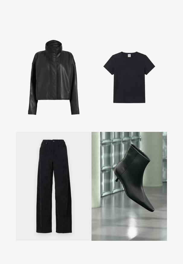 Zwarte leren cropped jas met een hoge kraag en rechte mouwen. Glad textuur, verborgen ritssluiting aan de voorkant en minimale stikseldetails.; Zwart T-shirt met korte mouwen en ronde hals met een klein wit label achterop binnenin de kraag.; Zwarte corduroy wijde pijpen broek met een hoge taille, voorzien van twee zakken aan de voorkant en subtiele verticale ribbelstructuur.; Zwarte leren enkellaars met spits toelopende neus en lage kittenhak, schuin weergegeven tegen een gepolijste vloer en een glazen blokken muur als achtergrond.
