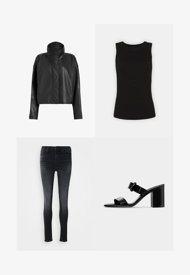 Schwarze Leder-Cropped-Jacke mit hohem Kragen und geraden Ärmeln. Sanfte Textur, verdeckter Frontreißverschluss und minimale Nähdetails.; Schwarzes ärmelloses Tanktop aus geripptem Baumwollstoff, mit runder Halslinie und körperbetontem Schnitt.; Dünne Jeans aus dunklem Denim, mit einem klassischen Fünf-Taschen-Design und einem dezenten Farbverlauf. Metalldruckknopfverschluss und Kontrastnähte.; Schwarze Lackleder-Damensandalette mit offenem Zehenbereich, Blockabsatz und verstellbarer Knöchelriemen-Schnalle auf einfachem hellem Hintergrund.