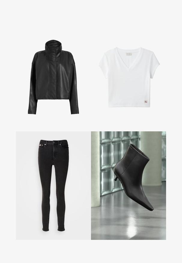 Sorte læder cropped jakke med høj krave og lige ærmer. Glat tekstur, skjult frontlynlås og minimale syninger.; Hvid kortærmet ribbet V-hals crop top med Calvin Klein Jeans-mærke ved baghalsen og lille CK-logo på kanten.; Sorte skinny jeans lavet af denim med en glat tekstur, der har fem-lomme-design, bæltestropper og lukning med metalknap.; Sort læderankelstøvle med spids tå og lille hæl vist mod en væg af glasblokke og poleret gulv baggrund.