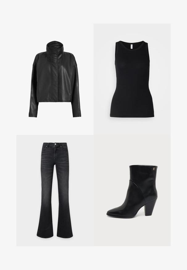Chaqueta de cuero negro corta con un cuello alto y mangas rectas. Textura suave, cremallera fronta oculta y detalles de costura mínimos.; Top sin mangas negro hecho de tela acanalada, con un escote redondo y un diseño ajustado, con una textura suave y sin patrones.; Vaqueros negros de denim con cintura alta, pierna acampanada, cierre delantero con botón y cremallera, y estilo de cinco bolsillos.; Bota de cuero negro hasta el tobillo con puntera puntiaguda, tacón de bloque y pequeño logo dorado cerca del borde superior en el lado exterior.