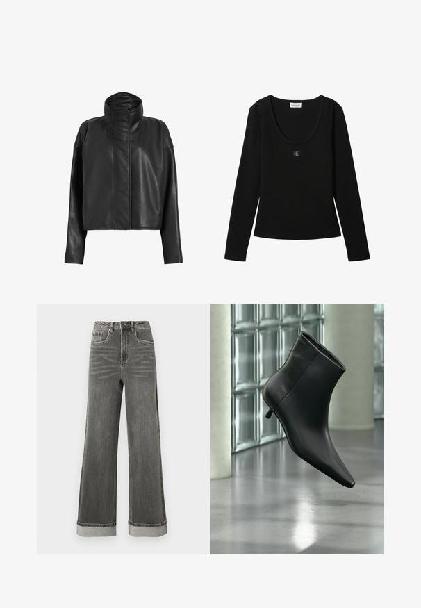 Zwarte leren cropped jas met een hoge kraag en rechte mouwen. Glad textuur, verborgen ritssluiting aan de voorkant en minimale stikseldetails.; Zwarte geribde top met lange mouwen, ronde halslijn en klein Calvin Klein-logo patch in het midden van de borst.; Grijze wijde denim jeans met een hoge taille, vijf zakken en opgerolde pijpen. De stof heeft een licht versleten textuur met zichtbare stiksels.; Zwarte leren enkellaars met spits toelopende neus en lage kittenhak, schuin weergegeven tegen een gepolijste vloer en een glazen blokken muur als achtergrond.