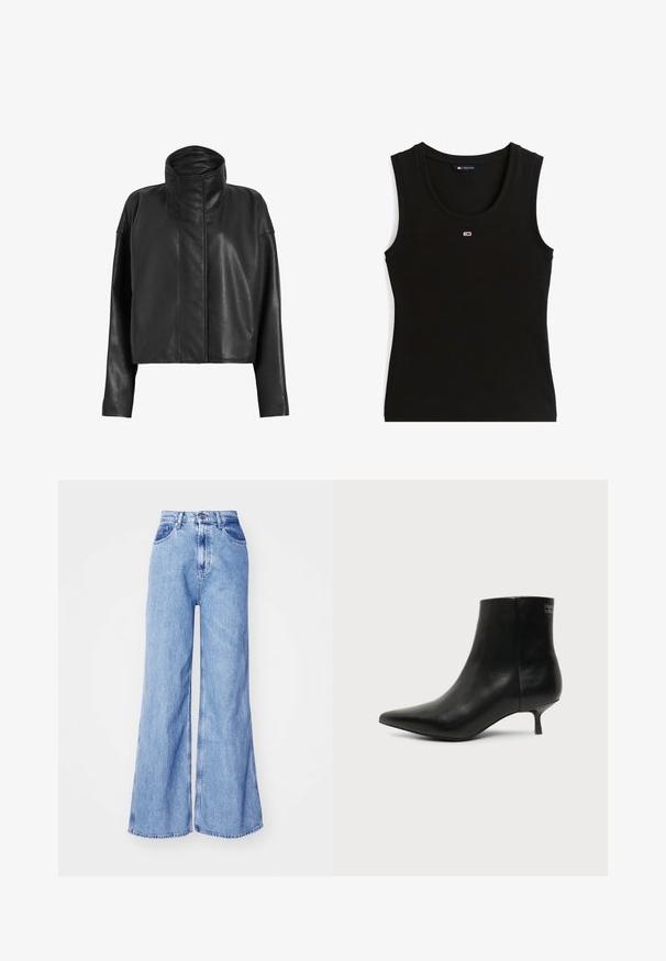 Zwarte leren cropped jas met een hoge kraag en rechte mouwen. Glad textuur, verborgen ritssluiting aan de voorkant en minimale stikseldetails.; Zwarte geribde mouwloze tanktop met klein rood, wit en blauw rechthoekig logo in het midden van de borst en een halslabel met de tekst Tommy Jeans.; Lichtblauwe wijde denim jeans met een hoge taille, voorzakken en gestikte naden. De stof heeft een lichte textuur die typisch is voor denim.; Zwart leren enkellaars met puntige neus en lage kittenhak op lichte achtergrond, zijaanzicht buitenkant.
