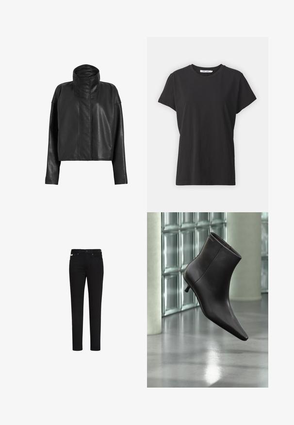 Schwarze Leder-Cropped-Jacke mit hohem Kragen und geraden Ärmeln. Sanfte Textur, verdeckter Frontreißverschluss und minimale Nähdetails.; Schwarzes Baumwoll-T-Shirt mit klassischem Rundhalsausschnitt, kurzen Ärmeln und lockerer Passform. Glatte Textur, keine sichtbaren Muster oder Akzente.; Schwarze Slim-Fit-Jeans mit Knopf und Reißverschluss vorne, mit Vorder- und Gesäßtaschen und einem kleinen Etikett an der rechten vorderen Tasche.; Schwarzer Leder-Knöchelstiefel mit spitzer Spitze und kleinem Absatz vor einer Wand aus Glasbausteinen und einem polierten Boden.