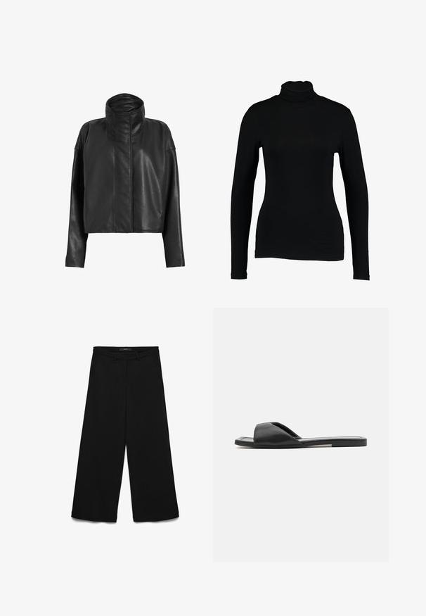 Sorte læder cropped jakke med høj krave og lige ærmer. Glat tekstur, skjult frontlynlås og minimale syninger.; Sort langærmet turtleneck top lavet af glat stof, med et tætsiddende design og høj hals, velegnet til lag-på-lag brug eller som en selvstændig beklædningsgenstand.; Sorte vide bukser lavet af et glat stof. Har to sidelommer og en ren talje. Ingen synlige mønstre eller hardwaredetaljer.; Sorte slidesandaler har et glat syntetisk materiale, åben tå-designet og en flad sål med en minimal dekorationsstribe på siden.