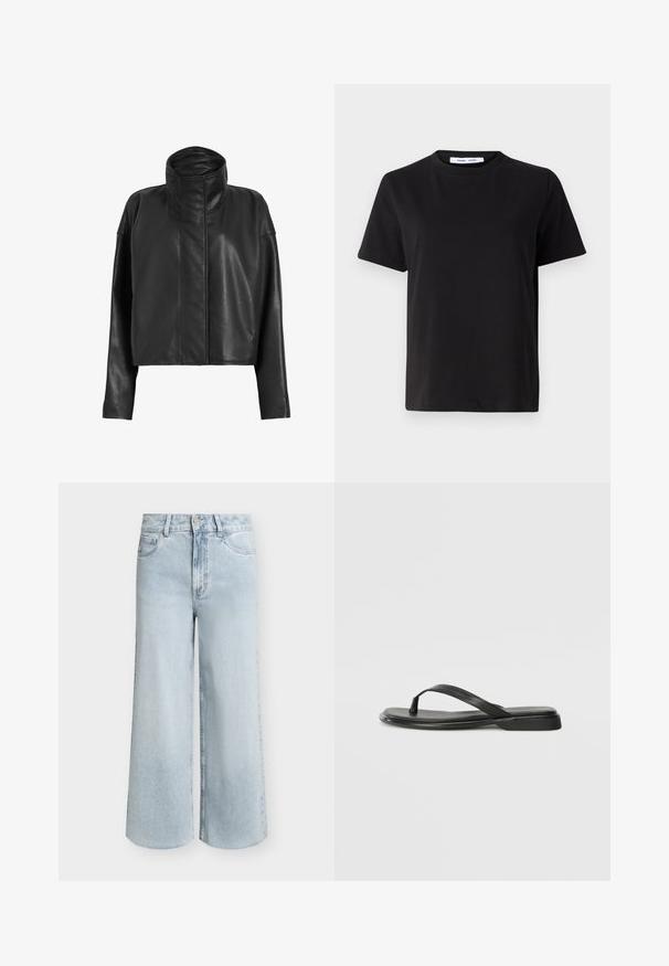 Schwarze Leder-Cropped-Jacke mit hohem Kragen und geraden Ärmeln. Sanfte Textur, verdeckter Frontreißverschluss und minimale Nähdetails.; Schwarzes T-Shirt mit kurzen Ärmeln aus weicher Baumwolle, mit rundem Ausschnitt, lockerer Passform und glatter Textur. Keine sichtbaren Muster oder Grafiken.; Hellblaue, weit geschnittene Jeans mit hoher Taille, vorderer Knopfleiste und Reißverschluss sowie fünf Taschen auf weißem Hintergrund.; Schwarze Flip-Flops aus glattem Leder, mit einem dünnen Riemendesign und einer flachen Sohle mit minimalem Profil. Keine bemerkenswerten Muster oder Akzente.