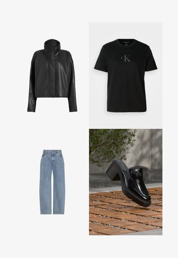 Sorte læder cropped jakke med høj krave og lige ærmer. Glat tekstur, skjult frontlynlås og minimale syninger.; Sort bomulds t-shirt med korte ærmer, der har et diskret gråt cK-logo på brystet. Rund halsudskæring og afslappet pasform med lige kant.; Lysblå jeans i høj talje med lige, brede ben, forlommer, bæltestropper og lukning med knap og lynlås.; Sort læder Calvin Klein slip-on mule med blokhæl, der hviler på trætøj udendørs nær en grøn plante og en grå væg.