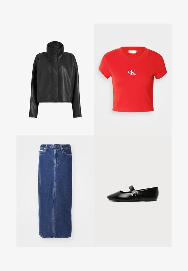 Sorte læder cropped jakke med høj krave og lige ærmer. Glat tekstur, skjult frontlynlås og minimale syninger.; Rød cropped t-shirt lavet af ribbet stof, med rund halsudskæring og korte ærmer. Viser et hvidt logo på brystområdet.; Mørkeblå denimnederdel, knælang, med slidse foran, traditionel talje og fem-lommes design med kontrasterende syninger.; Sort læder Mary Jane-flad sko med rundet tå og sølvspænde på ensfarvet baggrund.