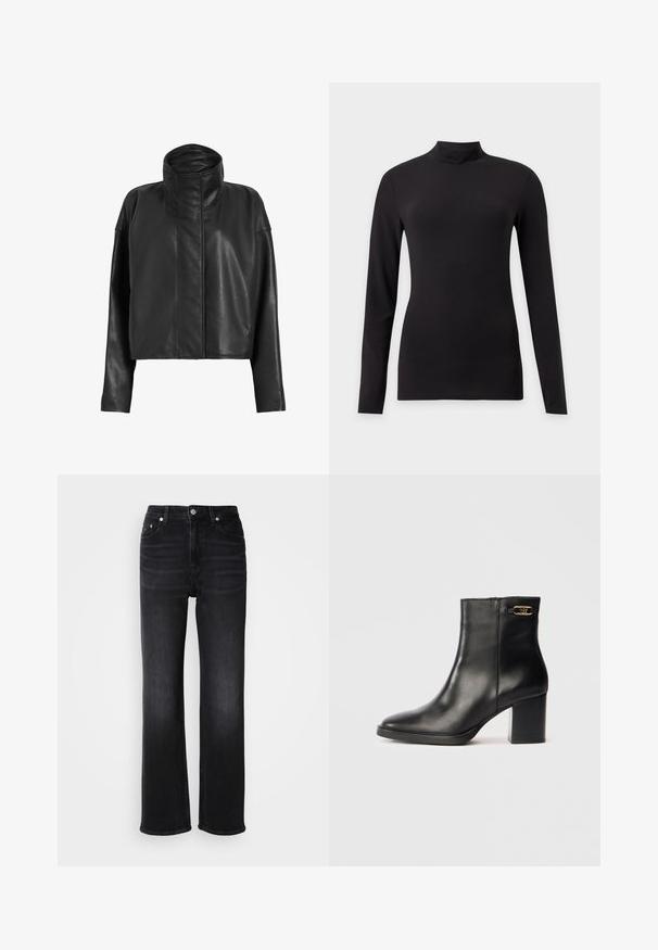 Zwarte leren cropped jas met een hoge kraag en rechte mouwen. Glad textuur, verborgen ritssluiting aan de voorkant en minimale stikseldetails.; Zwarte aansluitende top met lange mouwen en een opstaande kraag, getoond op een effen lichtgrijze achtergrond.; Zwarte denim jeans met een recht gesneden ontwerp. Heeft een hoge taille, vijf zakken en een metalen knoopsluiting. Heeft een subtiele vervaagde textuur.; Zwarte leren enkellaars met een spitse neus, robuuste blokhak en een kleine gouden accent aan de zijkant. Gladde textuur met minimale stiksels.