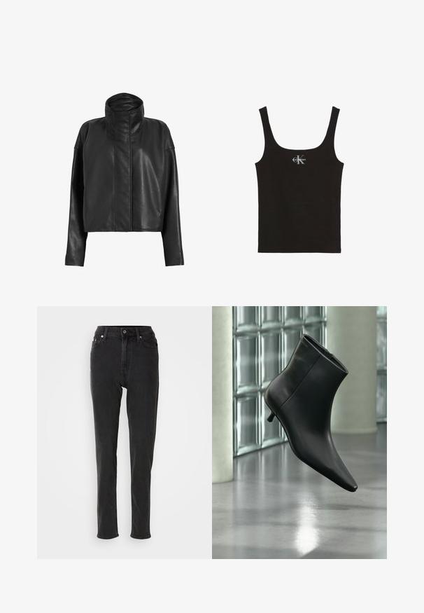 Sorte læder cropped jakke med høj krave og lige ærmer. Glat tekstur, skjult frontlynlås og minimale syninger.; Sort ribbet tanktop med brede stropper og Calvin Klein-logo i hvid på brystets midte, sat mod en hvid baggrund.; Sorte højttaljede denimjeans med smal pasform, der har knaplukning, bæltestropper og kontrastsyninger. Glat tekstur uden synlige mønstre.; Sort læderankelstøvle med spids tå og lav kitten-hæ, vist vinklet mod en poleret gulv- og glasblokvæg.