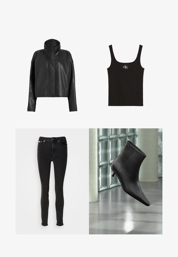 Chaqueta de cuero negro corta con un cuello alto y mangas rectas. Textura suave, cremallera fronta oculta y detalles de costura mínimos.; Camiseta de tirantes negra de algodón con escote redondeado y tirantes anchos. Presenta un pequeño logo impreso de "Calvin Klein" en la parte delantera.; Pantalones vaqueros negros ajustados de mezclilla con una textura suave, que cuentan con diseño de cinco bolsillos, presillas para cinturón y cierre de botón metálico.; Bota de cuero negro para el tobillo con puntera puntiaguda y tacón pequeño, exhibida frente a una pared de bloques de vidrio y un suelo pulido.