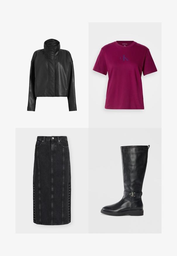 Zwarte leren cropped jas met een hoge kraag en rechte mouwen. Glad textuur, verborgen ritssluiting aan de voorkant en minimale stikseldetails.; Magenta katoenen T-shirt met een ronde hals, korte mouwen en een blauw logo op de borst. Het heeft een ontspannen pasvorm en een gladde textuur.; Zwarte denim midirok met details in de voornaad, ceintuurlussen, zakken en decoratieve zijsluitingen met haak-en-oog.; Zwarte leren kniehoog laars met lage hak, ronde neus en een metalen "CK" logo gesp rond de enkel.