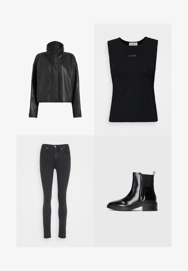 Zwarte leren cropped jas met een hoge kraag en rechte mouwen. Glad textuur, verborgen ritssluiting aan de voorkant en minimale stikseldetails.; Zwart mouwloos topje gemaakt van gladde stof. Heeft een ronde halslijn en een klein Calvin Klein-logo in het midden. Eenvoudig en aansluitend ontwerp.; Zwarte slim-fit denim jeans met een voorknoop, ritssluiting, riemlussen en vijfzakkenstyling.; Glanzende zwarte leren enkellaars met elastische zijpanelen, een trekflap aan de hiel en een lage blokhak op een lichte effen achtergrond.