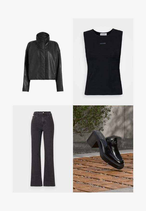 Chaqueta de cuero negro corta con un cuello alto y mangas rectas. Textura suave, cremallera fronta oculta y detalles de costura mínimos.; Top negro sin mangas de tejido suave. Presenta un cuello redondo y un pequeño logo de Calvin Klein en el centro. Diseño simple y ajustado.; Jeans de cintura alta negros en tejido de mezclilla, con cierre de botón, presillas para cinturón y bolsillos laterales. Textura suave con un desvanecimiento mínimo.; Mule tipo slip-on de cuero negro de Calvin Klein con tacón de bloque descansando sobre baldosas de madera al aire libre cerca de una planta verde y una pared gris.