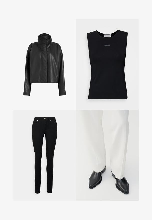 Schwarze Leder-Cropped-Jacke mit hohem Kragen und geraden Ärmeln. Sanfte Textur, verdeckter Frontreißverschluss und minimale Nähdetails.; Schwarzes ärmelloses Top aus glattem Stoff. Merkmale einen runden Ausschnitt und ein kleines Calvin Klein Logo in der Mitte. Einfaches und figurnahes Design.; Schmale schwarze Jeans aus Denim mit einem Reißverschluss, Metallknopfverschluss und Fünf-Taschen-Design sowie Akzenten aus silberfarbenem Metall.; Schwarze spitz zulaufende Stiefeletten aus glattem Leder mit flachen Blockabsätzen, kombiniert mit weißen, weiten Hosen. Schlichtes und modernes Design.