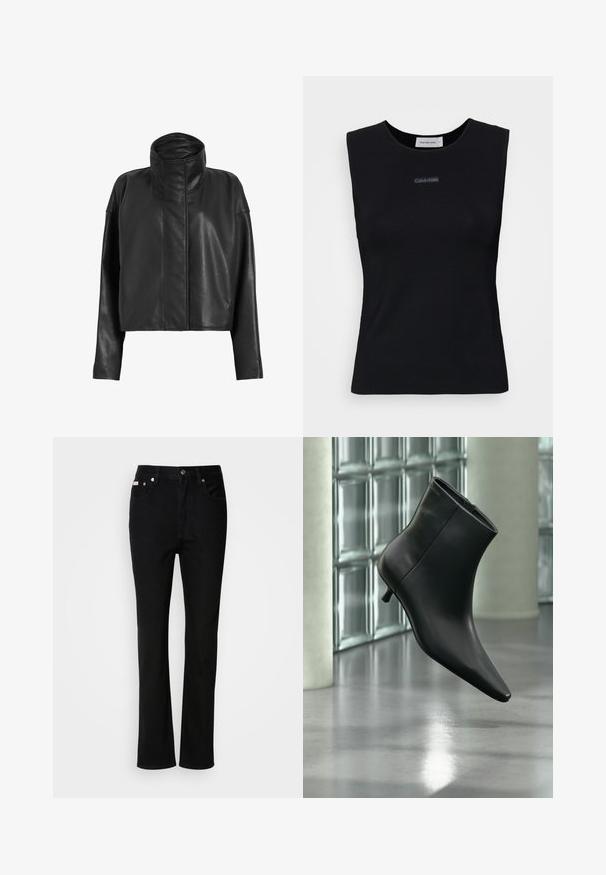 Chaqueta de cuero negro corta con un cuello alto y mangas rectas. Textura suave, cremallera fronta oculta y detalles de costura mínimos.; Top negro sin mangas de tejido suave. Presenta un cuello redondo y un pequeño logo de Calvin Klein en el centro. Diseño simple y ajustado.; Vaqueros negros de pierna recta con botón y cremallera en la parte delantera, pasadores para cinturón y estilo de cinco bolsillos.; Botín negro de cuero con punta puntiaguda y tacón bajo estilo kitten, mostrado en ángulo sobre un suelo pulido y con una pared de bloques de vidrio de fondo.