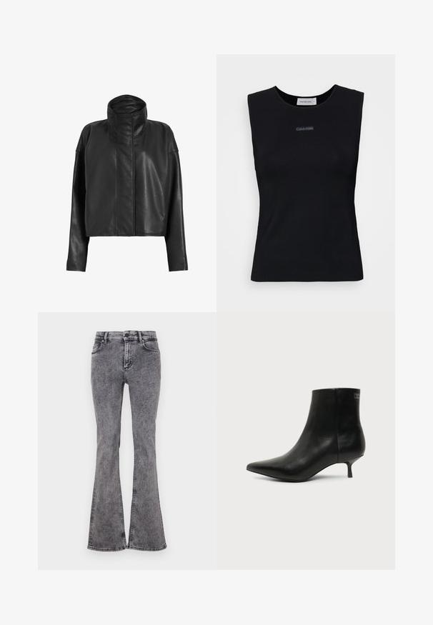 Chaqueta de cuero negro corta con un cuello alto y mangas rectas. Textura suave, cremallera fronta oculta y detalles de costura mínimos.; Top negro sin mangas de tejido suave. Presenta un cuello redondo y un pequeño logo de Calvin Klein en el centro. Diseño simple y ajustado.; Vaqueros negros acampanados de mezclilla con un lavado desgastado, que cuentan con cinco bolsillos, cierre de cremallera y costuras de contraste a lo largo de las costuras.; Botín de piel negra con puntera puntiaguda y tacón bajo estilo kitten sobre fondo claro, mostrando vista lateral exterior.