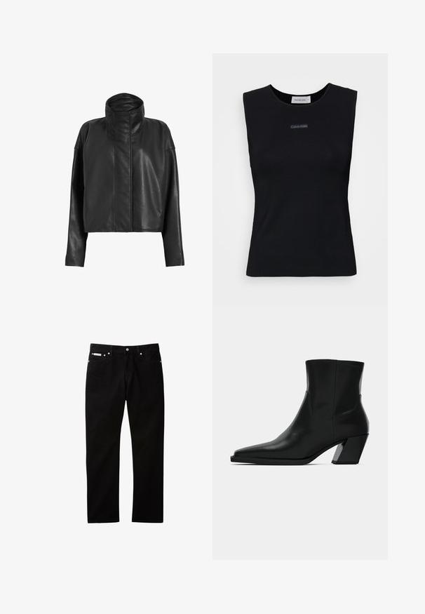 Schwarze Leder-Cropped-Jacke mit hohem Kragen und geraden Ärmeln. Sanfte Textur, verdeckter Frontreißverschluss und minimale Nähdetails.; Schwarzes ärmelloses Top aus glattem Stoff. Merkmale einen runden Ausschnitt und ein kleines Calvin Klein Logo in der Mitte. Einfaches und figurnahes Design.; Schwarze Jeans aus Denim mit geradem Bein, ausgestattet mit Knopf- und Reißverschluss, fünf Taschen und einem kleinen Logetikett am Bund.; Schwarze Leder-Stiefelette mit spitzem Zeh, schlanker Silhouette und klobigem quadratischem Absatz. Glatte Textur mit minimalen Nähdetails.
