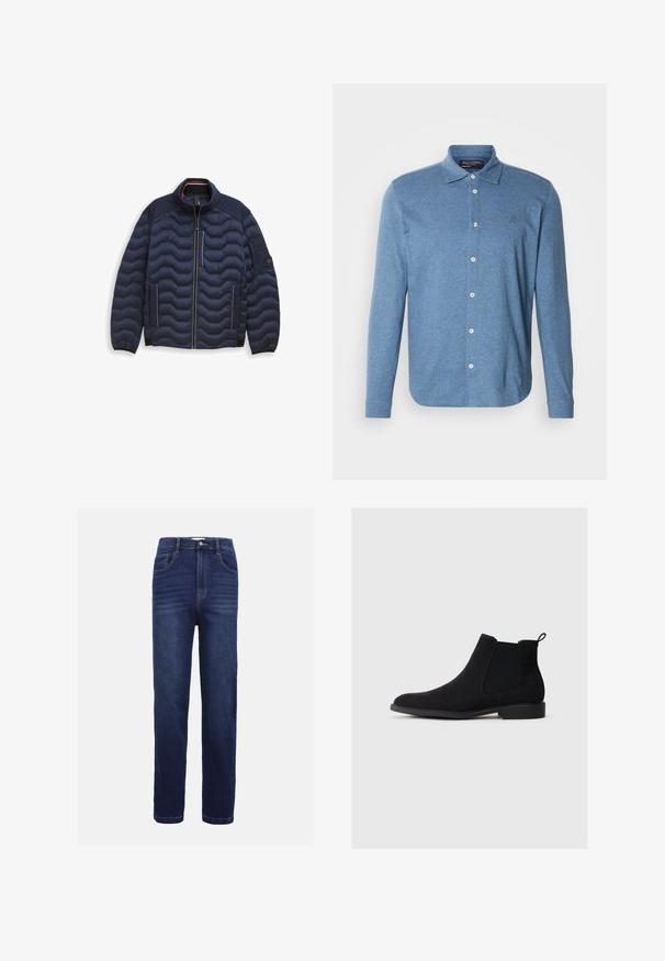 Veste matelassée bleu marine avec un col haut, texture matelassée horizontale, fermeture éclair à l'avant, bordures blanches contrastantes et poches latérales.; Polo bleu à manches longues en tissu texturé, avec une fermeture boutonnée à l'avant et un petit logo sur la poitrine.; Jean en denim bleu foncé, avec un design à jambe droite, cinq poches, une fermeture à bouton et de subtils détails de couture horizontale.; Bottines Chelsea noires en daim avec des panneaux élastiques sur les côtés, bout arrondi, languette de tirage et un petit talon bloc, conçues pour un enfilage facile.