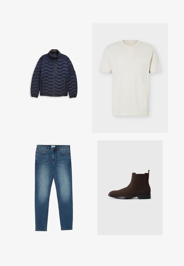 Veste matelassée bleu marine avec un col haut, texture matelassée horizontale, fermeture éclair à l'avant, bordures blanches contrastantes et poches latérales.; T-shirt à manches courtes couleur blanc cassé uni avec col rond et logo discret sur le côté gauche de la poitrine, présenté sur un fond blanc uni.; Jean en denim bleu moyen avec un délavage léger, design à cinq poches, coupe droite et accents cousus. Fermeture par bouton et zip.; Bottines Chelsea en daim marron avec panneaux élastiques sur les côtés, talon bas et une languette à l'arrière. Texture lisse et design épuré.