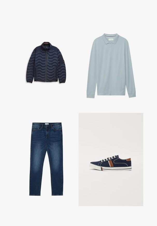 Veste matelassée bleu marine avec un col haut, texture matelassée horizontale, fermeture éclair à l'avant, bordures blanches contrastantes et poches latérales.; Polo à manches longues en bleu clair avec un col plat, une patte de boutonnage à trois boutons et un tissu texturé subtil. Présente un col intérieur rayé.; Jean slim-fit bleu foncé avec des détails délavés, design classique à cinq poches, fermeture à bouton et passants de ceinture.; Baskets en toile marine avec fermeture lacée blanche, accents marron et détails de bande latérale. Dotées d'une semelle en caoutchouc et d'une couture contrastante.