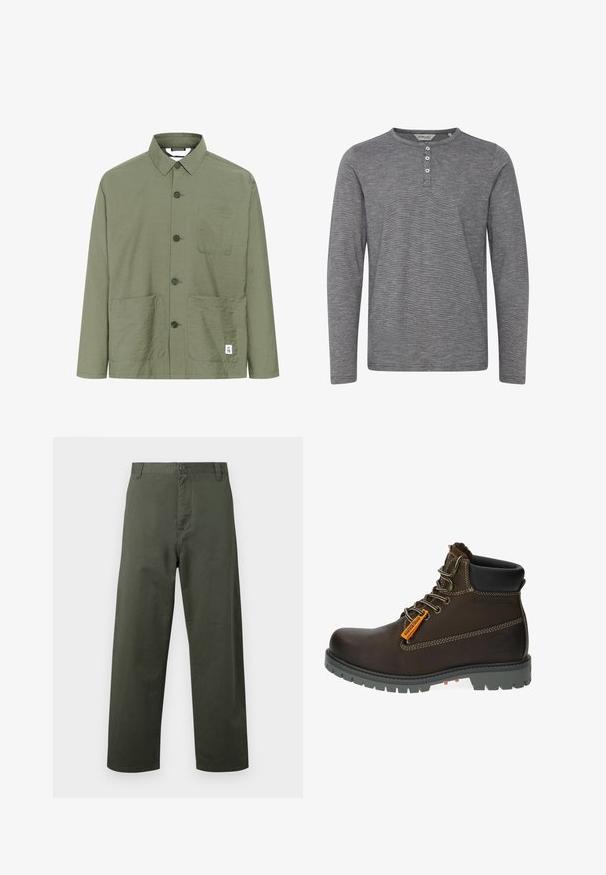 Olijfgroene button-up shirt met een kraag, twee voorzakken en een label aan de zoom. Lichtgewicht, gestructureerde stof en rechte snit.; Grijze lange mouwen henley shirt van zachte stof, met een ronde halslijn, een drieknoopsluiting aan de voorkant en subtiele textuur.; Groene katoenen broek met een recht gesneden ontwerp, knoopsluiting aan de voorkant en zijzakken. Soepele textuur, eenvoudige stijl en geen zichtbare patronen.; Bruine leren enkellaars met een grijze rubberen zool, oranje accentlabel en metalen oogjes. Kenmerken zijn contrasterende stiksels en een gevoerd kraagje.