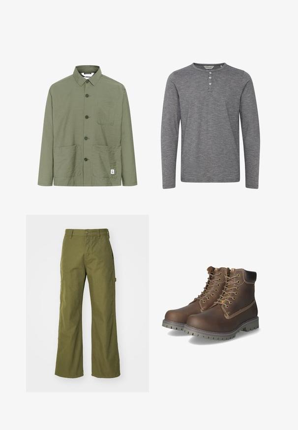Camisa de botones color verde oliva con cuello, dos bolsillos frontales y una etiqueta en el dobladillo. Tela ligera y texturizada, con corte recto.; Camisa henley de manga larga gris, hecha de una tela suave, con escote redondo, tapeta frontal con tres botones y una textura sutil.; Pantalones de pernera ancha en verde oliva, confeccionados con una tela resistente, que presentan un cierre de botón, bolsillos laterales y un diseño de dobladillo recto.; Botas de cuero marrón hasta el tobillo con cordones, cuello acolchado, costuras en contraste y suela de goma resistente con patrones de tracción.